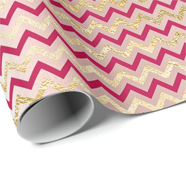 Chevron Zig Zag Gold Metallic Bright Candy Pink Wrapping Paper (Roll Corner)