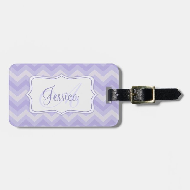Chevron zig zag purple grey named luggage tag (Front Horizontal)