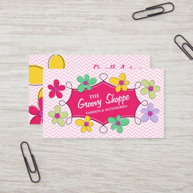Chevron Zigzag Floral Doodle Frame Pink Business Card (Front/Back In Situ)