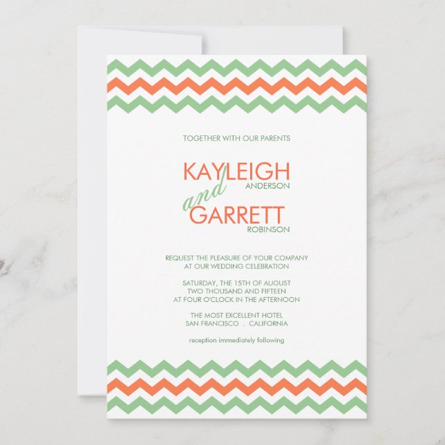 Chevron ZigZag Mint Orange Wedding Invitations (Front)