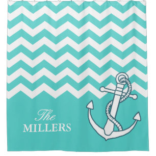 Chevron Zigzag Pattern Nautical Knot Anchor Aqua Shower Curtain