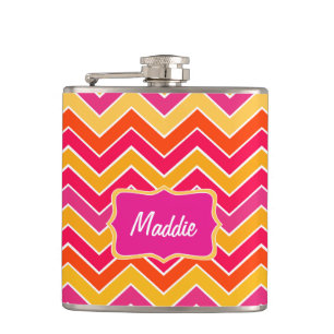 Chevron zigzag pink orange named hip flask