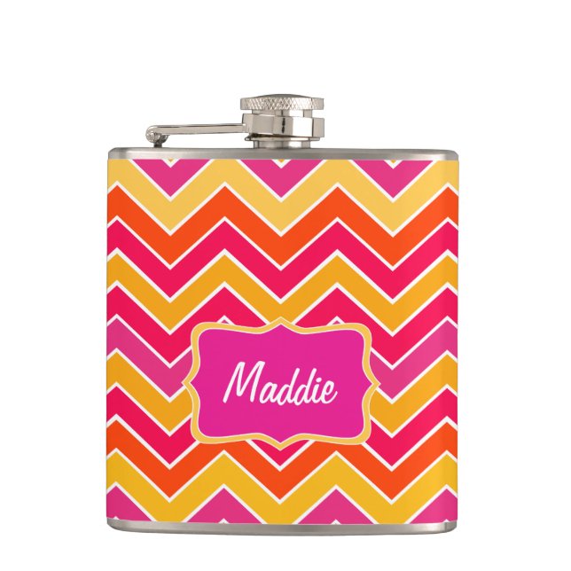 Chevron zigzag pink orange named hip flask (Front)