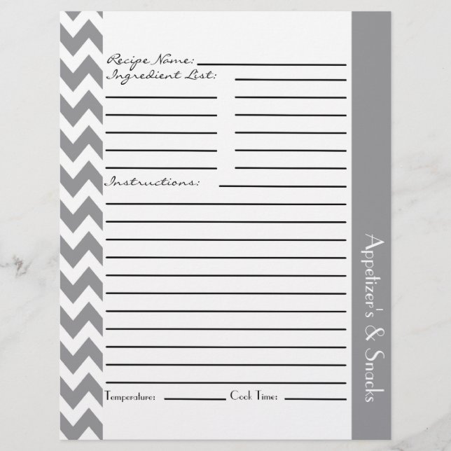 Chevron Zigzag Striped Recipe Sheets - Grey (Front)