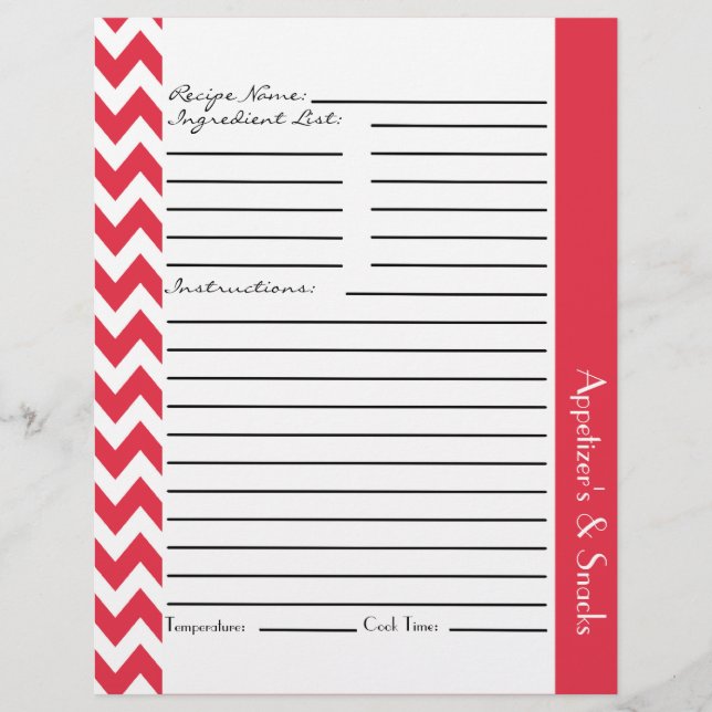Chevron Zigzag Striped Recipe Sheets - Rose Red (Front)