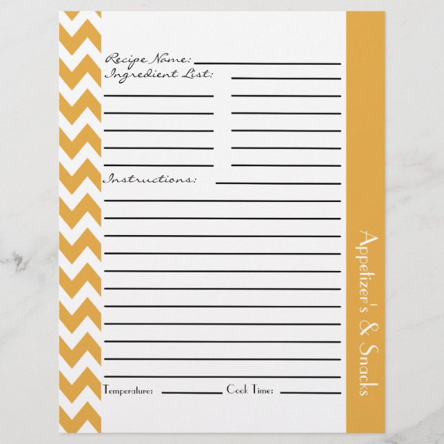 Chevron Zigzag Striped Recipe Sheets - Yellow (Front)