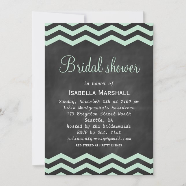 Chevrons on Chalkboard Bridal Shower Invite - mint (Front)