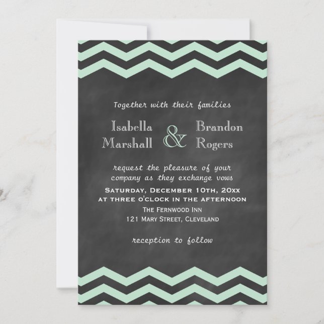 Chevrons on Chalkboard Wedding Invitation in Mint (Front)