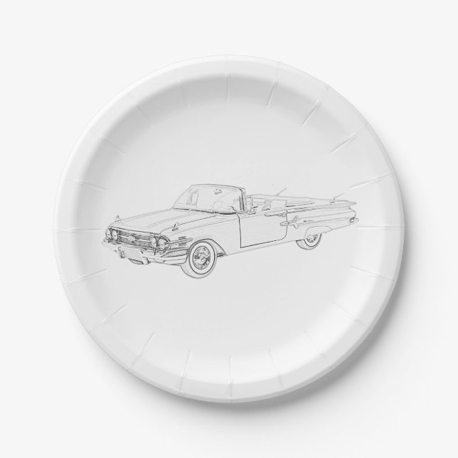 Chevy Impala Convertible Black and White Drawing Paper Plate (Front)