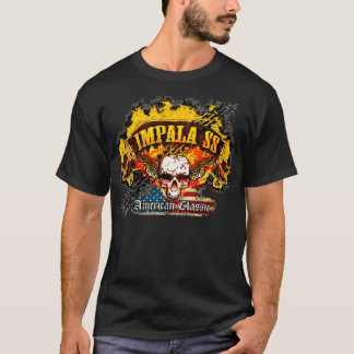 Chevy Impala SS - Burnout Banner Skull -n- Flag T-Shirt