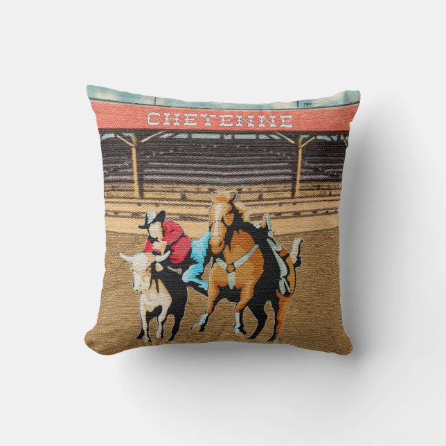 Cheyenne Rodeo Cowboy Steer Wrestling Cushion (Front)