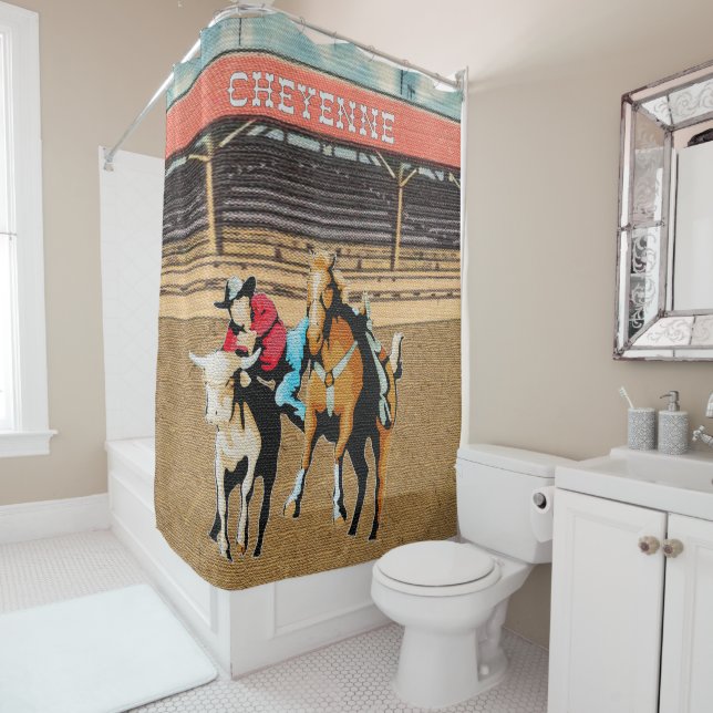 Cheyenne Rodeo Cowboy Steer Wrestling Shower Curtain (In Situ)