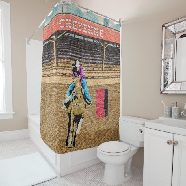 Cheyenne Rodeo Cowgirl Barrel Racer Shower Curtain (In Situ)