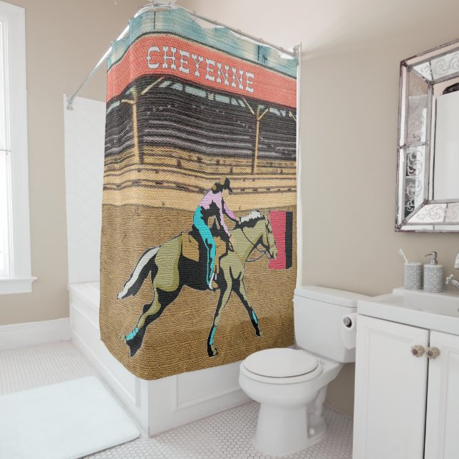 Cheyenne Rodeo Cowgirl Barrel Racing Shower Curtain (In Situ)