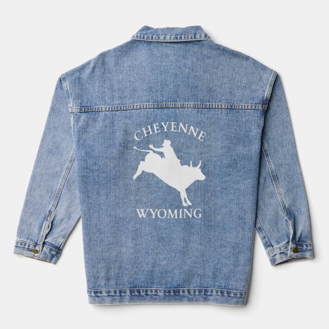 Cheyenne Wyoming Rodeo Bull Riding  Denim Jacket (Back)