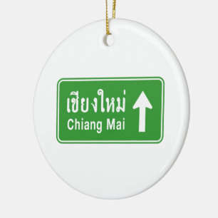 Chiang Mai Ahead ⚠ Thai Highway Traffic Sign ⚠ Ceramic Tree Decoration