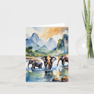 Chiang Mai Elephants Thailand Watercolor Card
