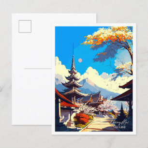 Chiang Mai Thailand Vintage Travel Illustration Postcard
