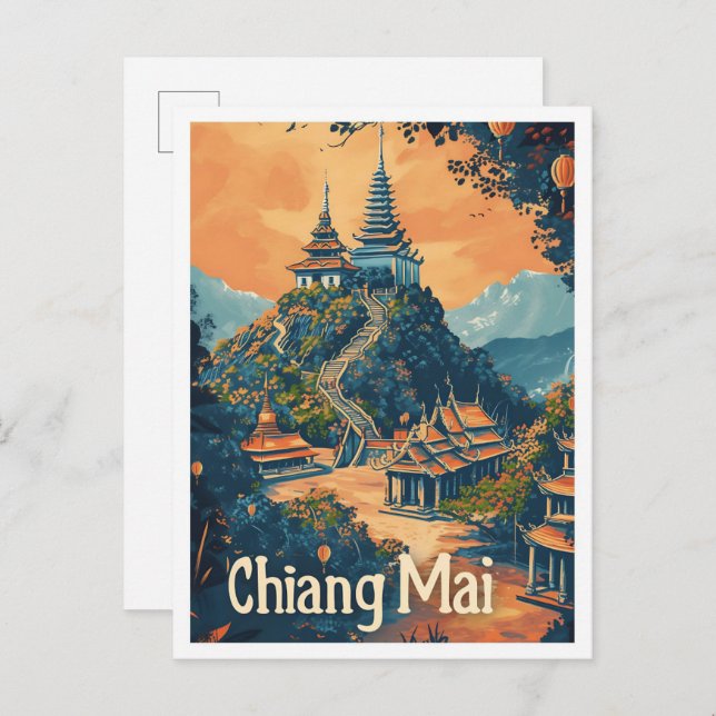 Chiang Mai Thailand Vintage Travel Illustration Postcard (Front/Back)