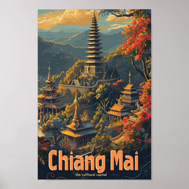 Chiang Mai Thailand Vintage Travel Illustration Poster (Front)