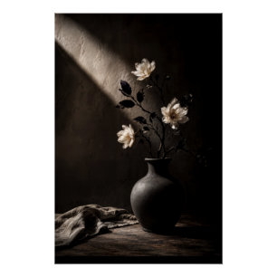 Chiaroscuro White Flowers Moody Still Life Poster