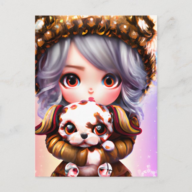 Chibi Adorable Little Girl Dressed in Winter Postcard (Front)