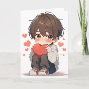 Chibi Anime Boy Heart Holiday Card