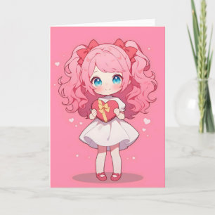 Chibi Anime Girl Pink Love Holiday Card