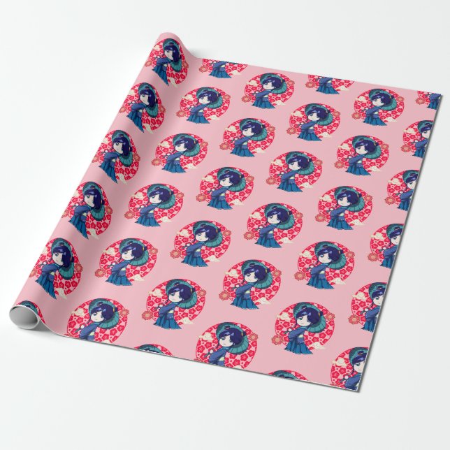 Chibi Anime Kawaii Kimono Wrapping Paper (Unrolled)