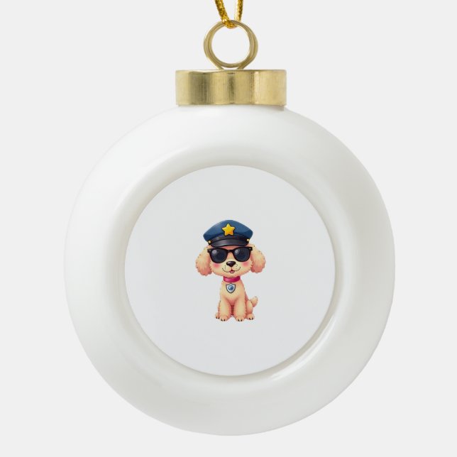 Chibi Anime Police Poodle Dog Ceramic Ball Christmas Ornament (Front)