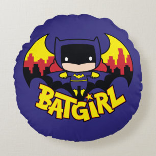 Chibi Batgirl With Gotham Skyline & Logo Round Cushion