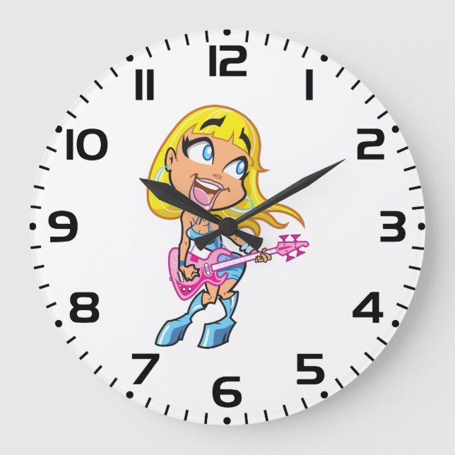 Chibi Blonde Girl Rocker Playing Pink Bass Guitar Large Clock (Front)