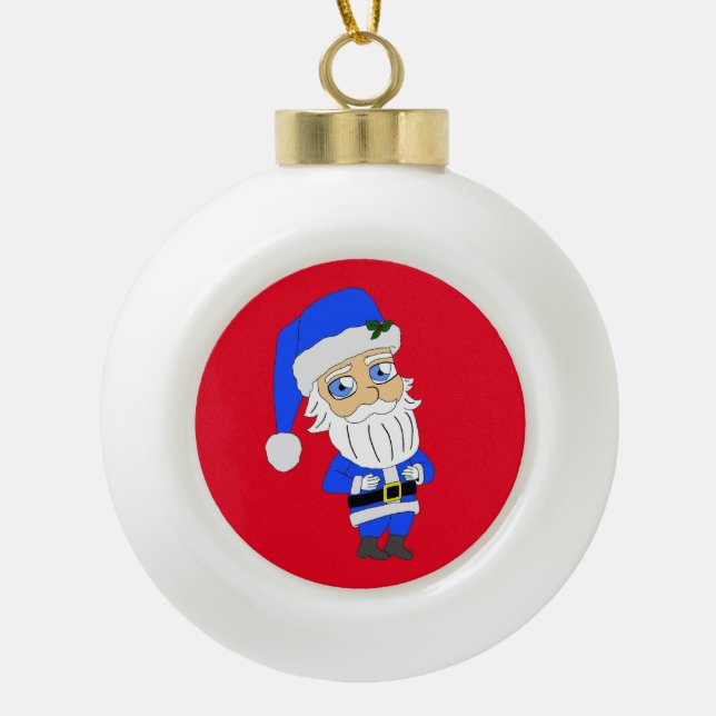 Chibi Blue Suit Santa Ceramic Ball Christmas Ornament (Front)