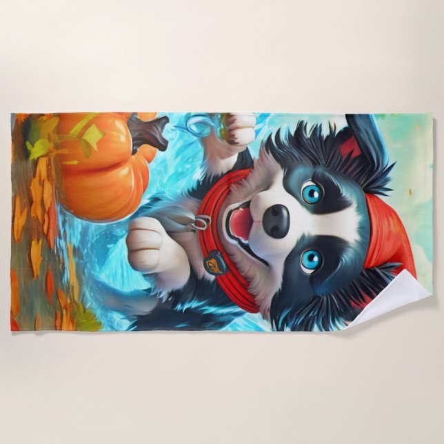 Chibi Border Ninja Dog: Epic Art Beach Towel (Front)