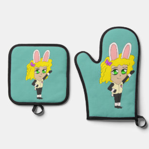 chibi bunnygirl     oven mitt & pot holder set