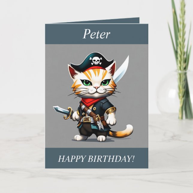 Chibi Cat dressed as a Pirate Birthday Card (Front)
