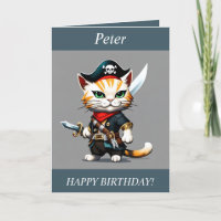 Chibi Cat dressed as a Pirate Birthday Card