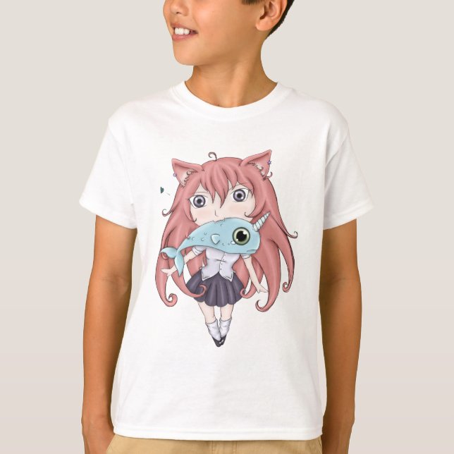 Chibi Cat Girl With Baby Narwal T-Shirt (Front)