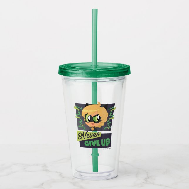 Chibi Cat Noir Never Give Up Acrylic Tumbler (Front)
