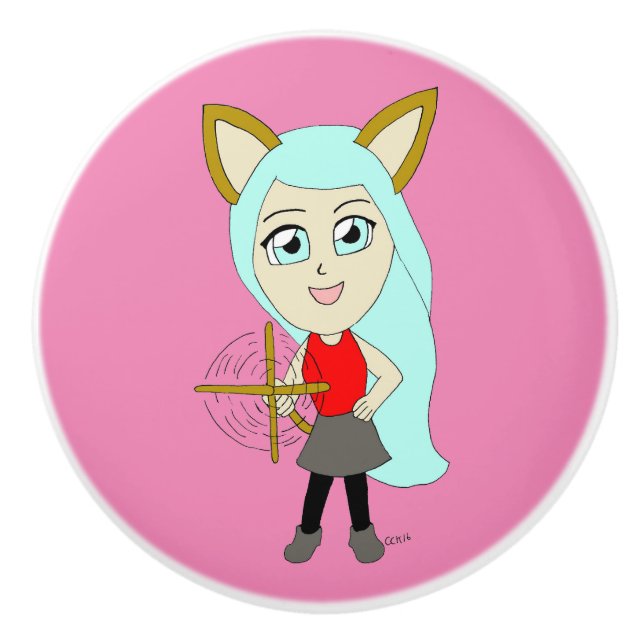 chibi catgirl  ceramic knob (Front)