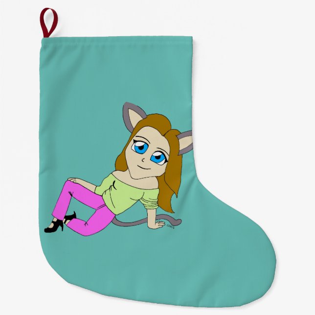 chibi catgirl  large christmas stocking (Front)