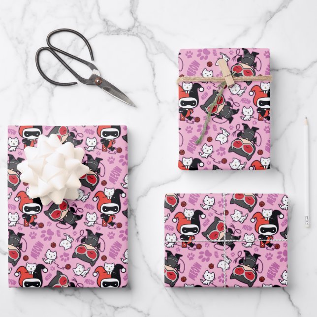 Chibi Catwoman, Harley Quinn, & Kittens Pattern Wrapping Paper Sheet (Front)