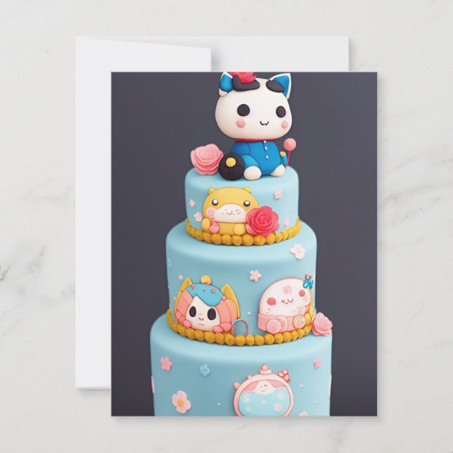 Chibi cute kitty cat blue yellow birthday cake holiday card (Front)