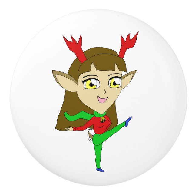 chibi dancing reindeer girl     ceramic knob (Front)