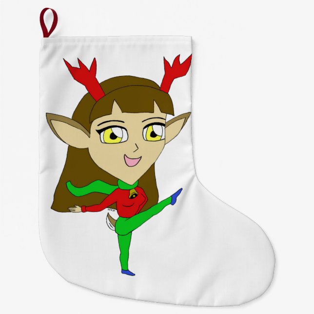 chibi dancing reindeer girl large christmas stocking (Front)