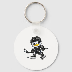 Chibi Duck Playing Ice Hockey Cute Design Key Ring
