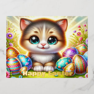Chibi Easter Cat Postcard with Gold Foil Accents