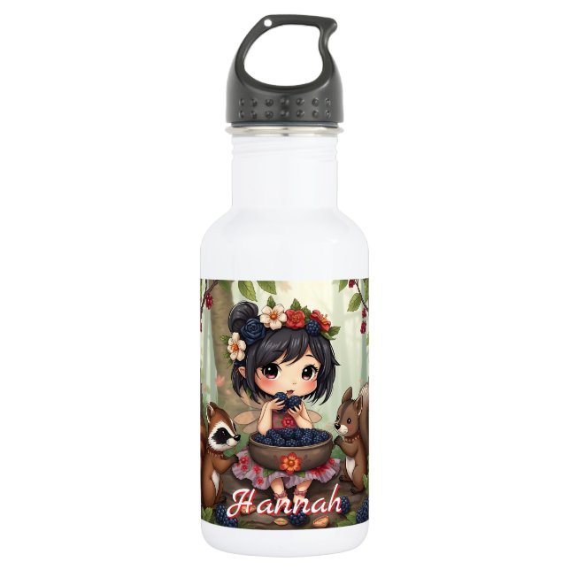 Chibi Fairy Eating Blackberries with Forest Friend 532 Ml Water Bottle (Front)