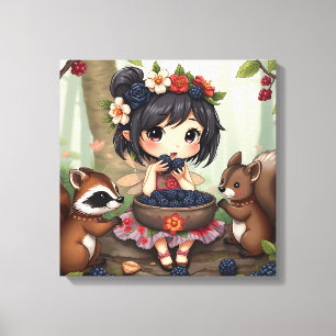 Chibi Fairy Eating Blackberries with Forest Friend Canvas Print
