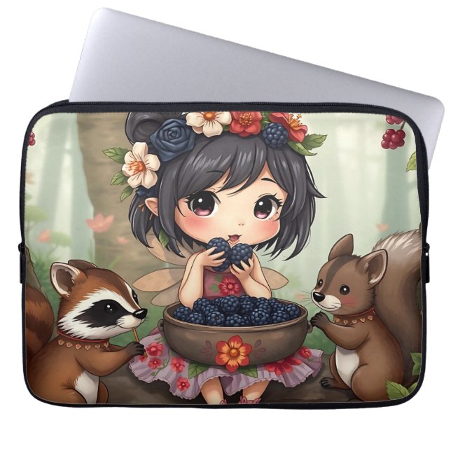 Chibi Fairy Eating Blackberries with Forest Friend Laptop Sleeve (Front)